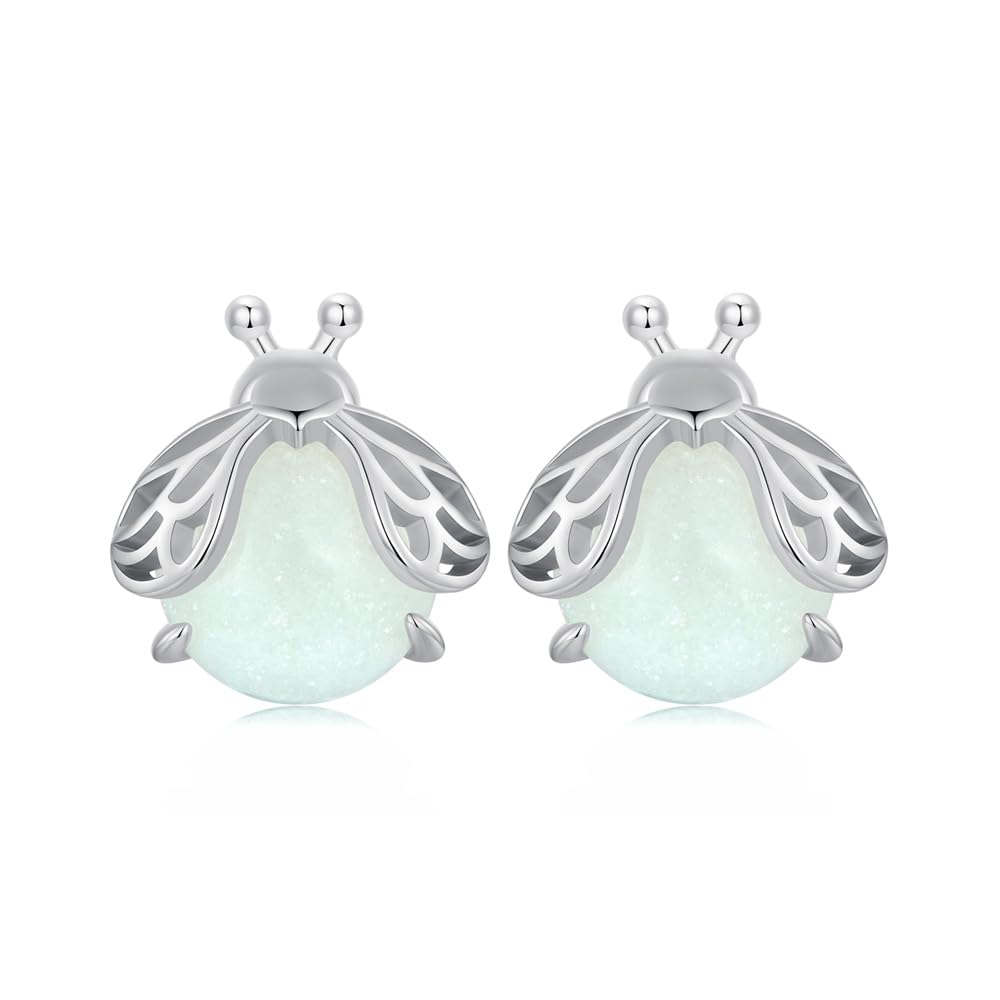 Cute Firefly Luminous Stone Earrings for Women 925 Sterling Silver Hypoallergenic Green Tiny Insect Animal Bird Stud Cartilage Piercing Glow in the