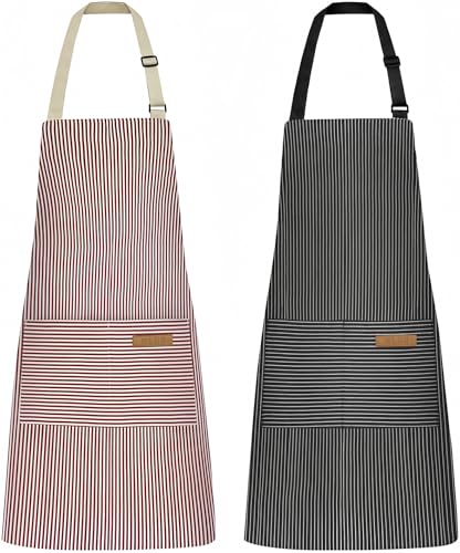 NLUS 2 Pack Kitchen Cooking Aprons Adjustable Bib Soft Chef Apron with 2 Pockets for Men Women (Black Pinstripes/Pink Pinstripes)