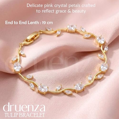 Image of druenza Tulip Bracelet for Women Stylish | Gold Plated Floral Crystal Jewellery | Elegant Adjustable Chain Bracelet for Girls Stylish | Trendy Daily Wear Party Jewelry Gift for Women & Girls
