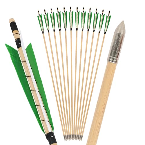 SHARROW 32 Inch Wooden Arrow English Longbow Arrow Target Pracrice Arrow Shaft with 5 Turkey Feather Fletching and Field Point for Recurve Bow Longbow Traditaonal Bow (2 Green 1 White 12pcs)