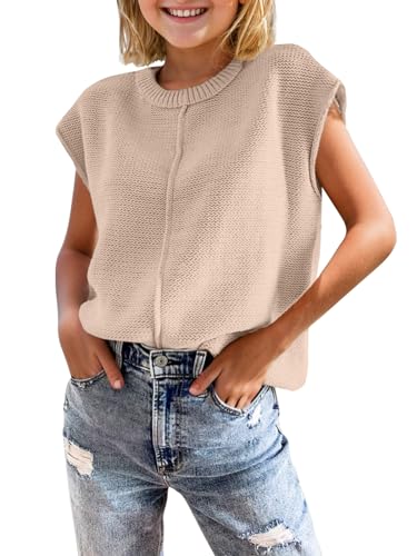 Girls Summer Cap Sleeve Tops Cute Casual Crew Neck Loose Knit Lightweight Teen Sweaters Fashion Pullover Top, 13-14 Years