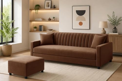 Image of Modern Three Seater Wooden Sofa Set with Ottoman, Soft Velvet Upholstery, Comfortable Couch for Living Room, Office & Apartment - Brown Color