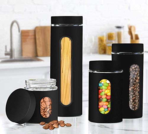 Gadgetwiz Canister Sets For Kitchen Counter - Matte Black Kitchen Decor And Accessories - Glass Canisters Sets For The Kitchen - Sugar Containers For Countertop - Kitchen Canisters Set Of 4 #TOP5