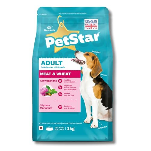 Image of Mankind PetStar Adult Dry Dog Food, 22% High Protein, Meat & Wheat Flavor, 1 kg | Complete & Balanced Nutrition for Adult Dogs