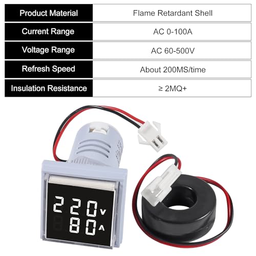 Image of 2pcs LED Digital Display Voltmeter, Square Dual Display Voltmeter Ammeter AC 60-500V 0-100A Voltage Gauge Current Meter Indicator(White)