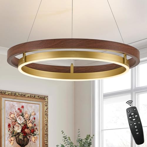 Image of LED Ring Chandelier Dimmable Gold Walnut Wood Chandeliers