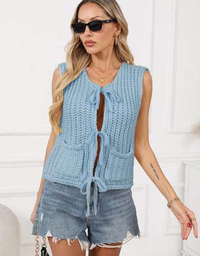 Image of Trendy Cardigan Sweater Vest Crochet Knit Top Sleeveless Bows with Pockets