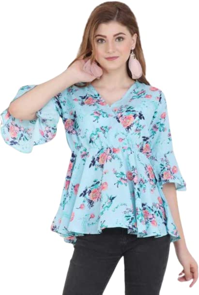 Image of f-apparel Women's Casual Floral Printed Light Blue Top