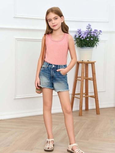 Image of Haloumoning Girls Tank Tops Kids Summer Crewneck Sleeveless Shirts Dancewear 5-14 Years