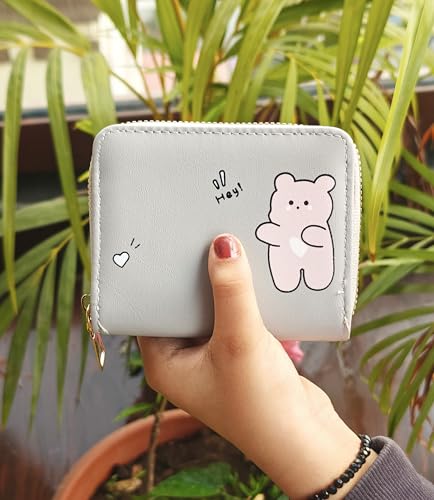 Image of Women Small Wallet Wallets for Girls Credit Card Holder Coin Purse Zipper Small Secure Card Case Cute Wallets Mini Wallets for Women (Grey Bear)
