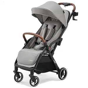 Baby Stroller, Auto-Fold Lightweight Travel Stroller for Airplane, Compact Toddler Pushchair with PU Leather Handle, Newborn to 50 lbs, Grey