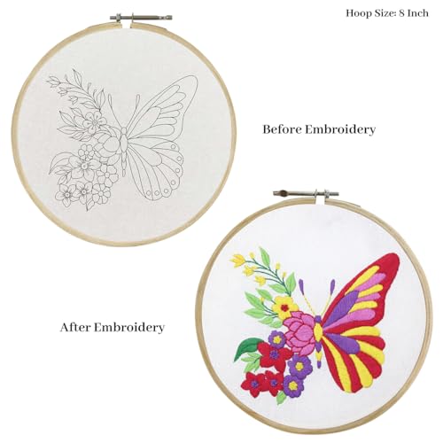 Image of picknMAKE Cross Stitch Embroidery Kit For Beginners & Adult, Featuring A Butterfly With One Side Floral Wings, Printed Fabric, Instructions Papers, Threads & Needles All Materials Included,Multicolor