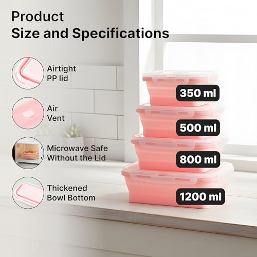 Image of The Better Home | Lunch Boxes | Food Grade Silicone | Tiffin Box Foldable Airtight Lid | Lightweight Travel-Friendly | Easy to Clean | Pack of 4 Multiple Sizes 350ml 500ml 800ml 1200ml Pink