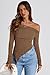PRETTYGARDEN Women's Spring Long Sleeve Y2K Crop Top Trendy Off Shoulder Asymmetrical Fitted Knit Tee Shirts Going Out Tops (Brown,Medium)