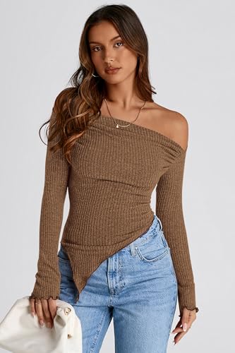 PRETTYGARDEN Women's Spring Long Sleeve Y2K Crop Top Trendy Off Shoulder Asymmetrical Fitted Knit Tee Shirts Going Out Tops3