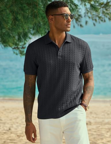 Image of JMIERR Men's Cable Knit Polo Shirts Elasticity Short Sleeve | Men's cable knit polo shirt with elasticity, machine wash, short sleeve, breathable textured knit for spring summer