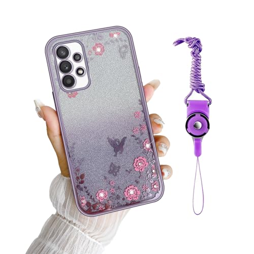 Image of for Samsung Galaxy A53 Case, A53 5G Case for Women Gradual Change Glitter Crystal Soft TPU Stylish Butterfly Floral Heart Clear Protective Cover with Strap for Samsung A53 5g (Purple)