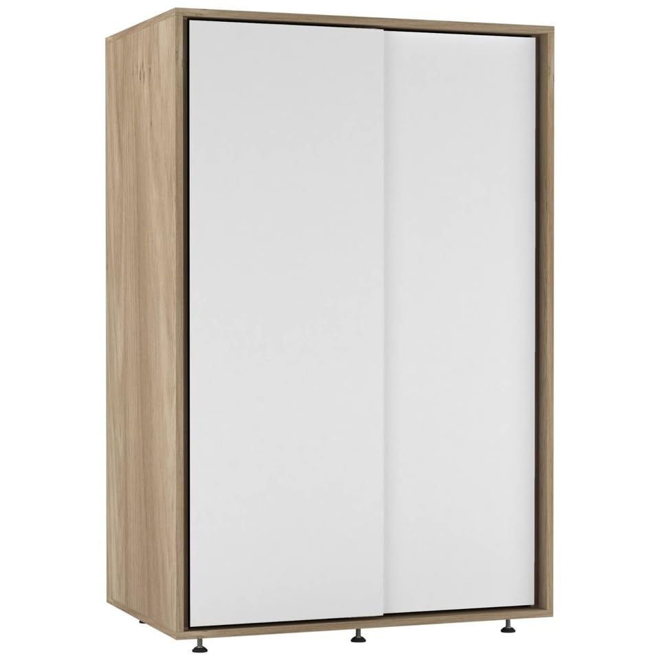 URBNLIVING 120cm 2 Sliding Door Wardrobe, Freestanding Bedroom Closet with Hanging Rail & Durable Feet, Engineered Wood Storage Cupboard for Kids Room, Nursery or Small Spaces