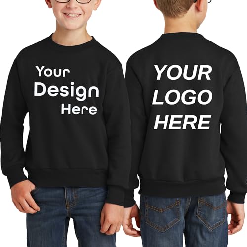 Custom Youth Core Fleece Crewneck Sweatshirt | Add Your Text, Photo, Logo | Design Your Own Pullover for Kids, Boys & Girls | School, Teams & Gifts