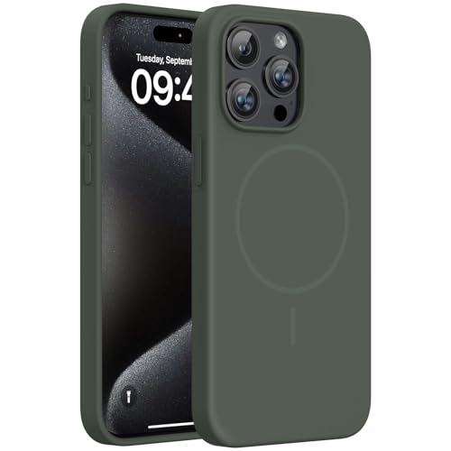 Image of Miracase Magnetic for iPhone 15 Pro Max Case, [Soft Anti-Scratch Microfiber Lining], Compatible with MagSafe, Liquid Silicone Case Shockproof Drop Protection Phone Case for 15 ProMax, Dark Green