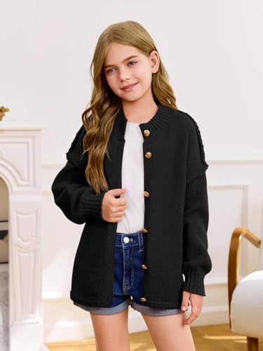 Haloumoning Girls Button Down Cardigan Mock Neck Lantern Long Sleeve Sweater Chunky Knit Outerwear Jacket 5-14Y2