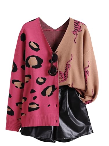 Image of WDIRARA Women's Leopard Tiger Print Cardigan V Neck Long Sleeve Color Block Button Down Sweater Outwear