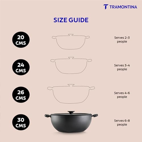 Image of TRAMONTINA TITANEX 30cm / 6.8 L Pre-Seasoned Heritage Cast Iron Deep Kadai with Toughened Glass Lid | Snap-On Silicone Grips | Kadhai for Curry | Gas /Induction Cookware | Life-Time Warranty