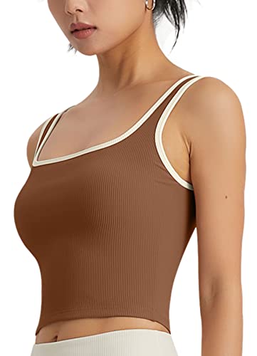 Ribbed Longline Sports Bras For Women Sewn-In Pads Square Neck Sports Tank Bra For Yoga Gym Two-Tone Workout Crop Top #TOP3