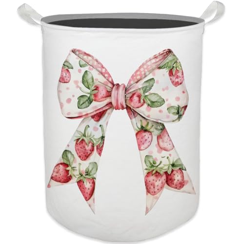 HKTZM Coquette Bow Strawberry Laundry Basket, Toybox for Girls, Cute Strawberry Laundry Basket Hamper Waterproof Collapsible Clothes Toys Storage Bin Organizer for Bedroom Bathroom Girls Room Dorm