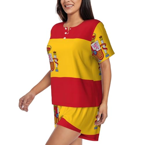 UVBDF Ensemble de pyjama d'été 2 pièces à manches courtes pour femme, motif drapeau espagnol, vêtement de nuit doux et léger avec poches pour le salon quotidien, Noir , M – vue 2