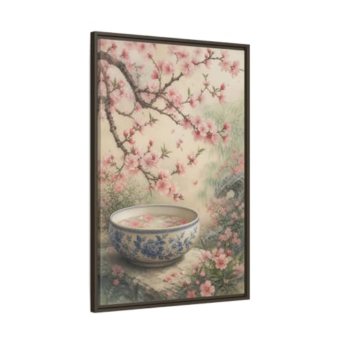 Toile cerisier en fleurs rose 60x90 cm avec cadre espresso pour salon