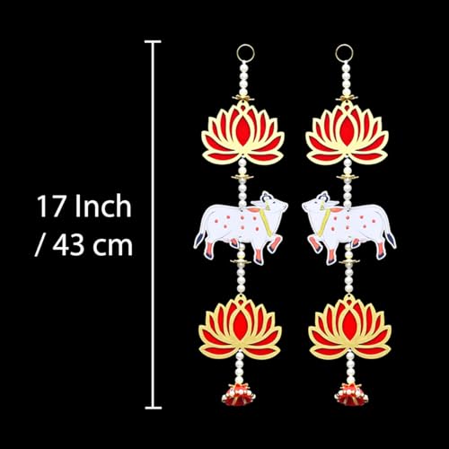 Image of Saugat Traders Handmade Pichwai Cow and Lotus Wall Hanging for Decoration | Diwali Decorations | Floral Hangings for Home Decoration, Temple, Main Door Entrance | 1 Pair | 17 Inch Each