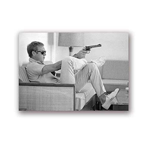 HENGCHENG Poster Peinture Steve Mcqueen Affiche Toile Vintage Affiches De Film Peinture Mens Gun Noir Blanc Photographie Image Home Wall Art Décor, 50X70 Cm...