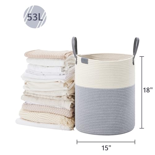 Image of VIPOSCO 53L Tall Woven Rope Laundry Hamper, Leather Handles, Grey & White | Large Wicker Laundry Basket for Dirty Clothes, Blanket, Toy, Towel, Yoga Mat, Storage Bin in Bedroom, Bathroom, Living Room