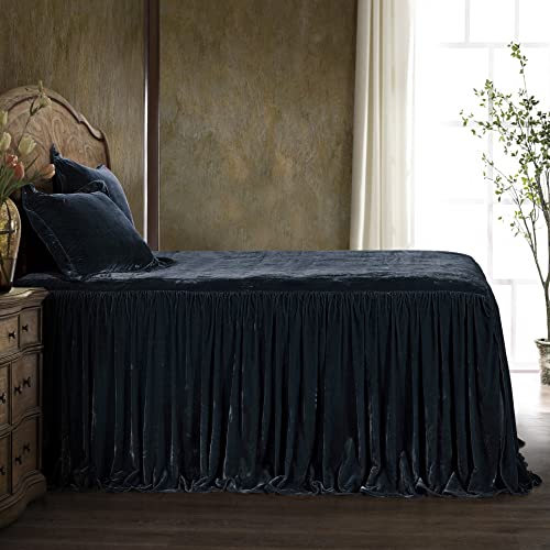 Hiend Accents Stella Faux Silk Velvet 3 Piece Bedspread Set With 2 Pillow Shams, Super Queen, Midnight Blue, Ruffle Skirt Romantic Western Modern Traditional Bedding, 1 Bed Spread And 2 Pillow Cases #TOP1