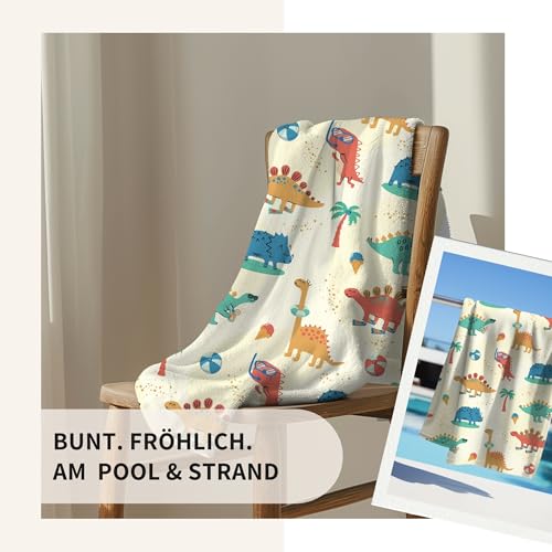 MTOnlinehandel Kinder Strandtuch 70x140 cm – Weiches & Saugfähiges Badetuch mit Dino-Motiv – Baumwolle & Polyester Mix – Schnelltrocknend