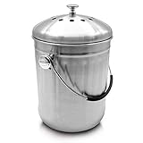 FLYISI Odorless Compost Bucket - Countertop Compost Bucket for Kitchens - 1.3 Gallon Stainless-Steel Indoor Compost Bucket with Carrying Handle - Odor Free Waste Bin with 2 Included Charcoal Filters