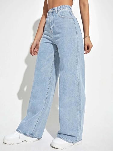 Image of KOTTY Women's High Rise Wide Leg Jeans|Cotton Blend Straight Fit Denim|Trendy Comfortable Casual Wear