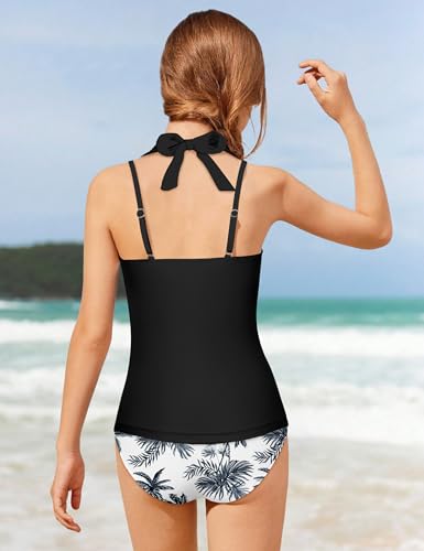 Image of Girls Swimsuit 2 Piece Halterneck Cross Straps Girls Tankini Top Drawstring Prints Shorts Bathing Suit for Teens 9-16Y