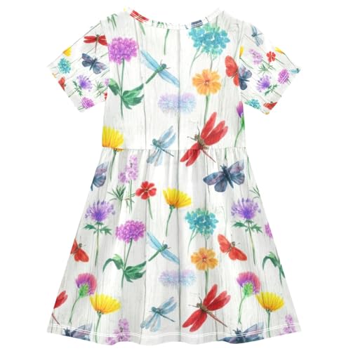 Vintage Wildflowers Dragonflies Toddler Girls Dress Short Sleeve UPF50 Sundress Summer Outfits 2T-8T2