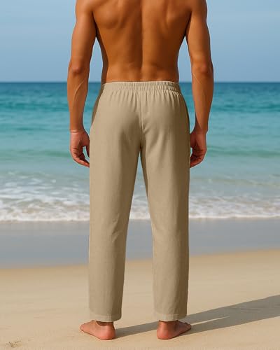 Image of PIDOGYM Mens Cotton Linen Pants, Summer Beach Pants Casual Loose Fit with Elastic Waist Drawstring