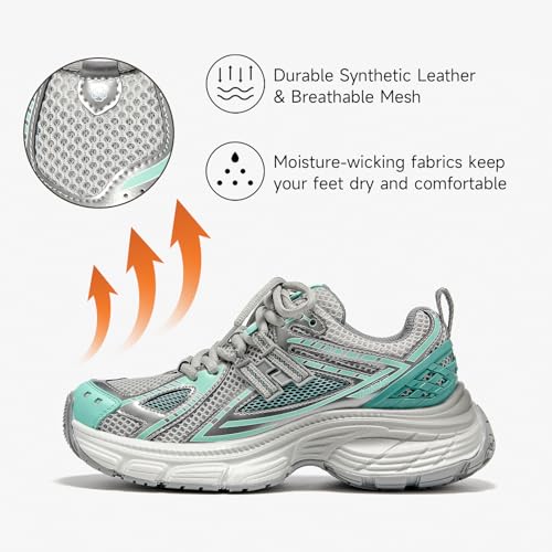 Image of BEAU TODAY Chunky Sneakers for Women, Womens Fashion Sneakers, Lightweight Leather Sneakers for Women, Comfortable Casual Lace-Up Breathable Dad Shoes
