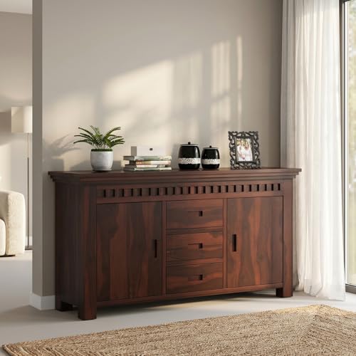 Image of SHIKHA WOOD CRAFT Solid Sheesham Wood Sideboard Cabinet with 2 Doors and 3 Drawers | Wooden Kitchen Cabinet, Crockery Unit, Dining Room Organizer, Living Room Storage Furniture (Kuber Walnut Finish)