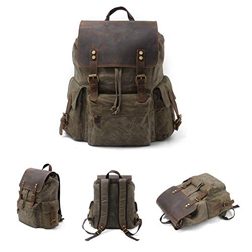 Waterproof Batik Canvas Men's Bag with Leather Backpack Europe and America Retro Backpack Outdoor Travel Bag Large Capacity Bag,Militarygreen2