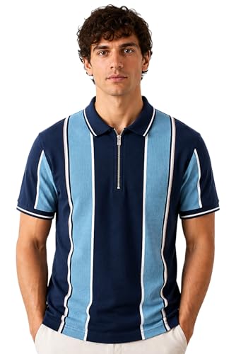 Image of SANE ORIGINALS Textured Polo T-Shirt for Men in Vertical Stripes || Old Money Polos for Men