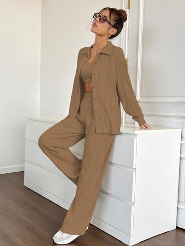 Image of Shasmi Women's 3-Piece Co-ord Set - Solid Button Front Shirt, Strapless Tube Top & Wide Leg Pants | Casual Loose Fit Western Outfit for Daily Spring /Fall Wear (Co-Ord-208)