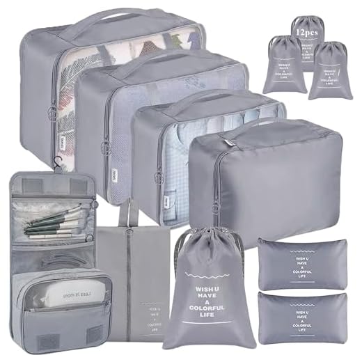 Shrubz Organizador de Equipaje 12 Sets, Organizadores para Maletas, Cubos de Embalaje Bolsas de Ropa Organizador Mochila Maleta Viaje, Para Ropa, Ropa Interior, Bolsa Zapatos Viaje, Cosméticos, Gris