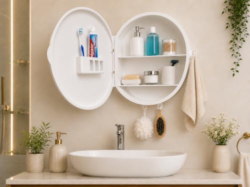 Image of BRANCO Pearl Round Bathroom Mirror Cabinet with One Towel Holder & 2 Accessories Hooks | Wall-Mounted Modern Design Cabinet with Storage | Bathroom Organizer with 6 Toothbrushed and Toothpaste Holder