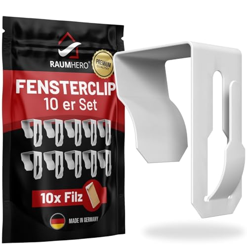 Raumhero Fensterhaken 100% Made in Germany - zum Einhängen (10 Stk.) Haken für Fenster Deko, Aufhänger Fensterdeko, Lichterkette, Weihnachtsstern - Türclip Edelstahl mit Filz (Klemmbereich: 15-20 mm)