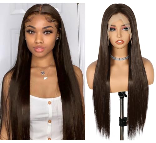 Sapphirewigs Brown Straight Lace Front Wigs 13x6 Long Straight Wig for Women Lace Front Synthetic Hair 150% Density Party Daily Wear Heat Resistant 26inch